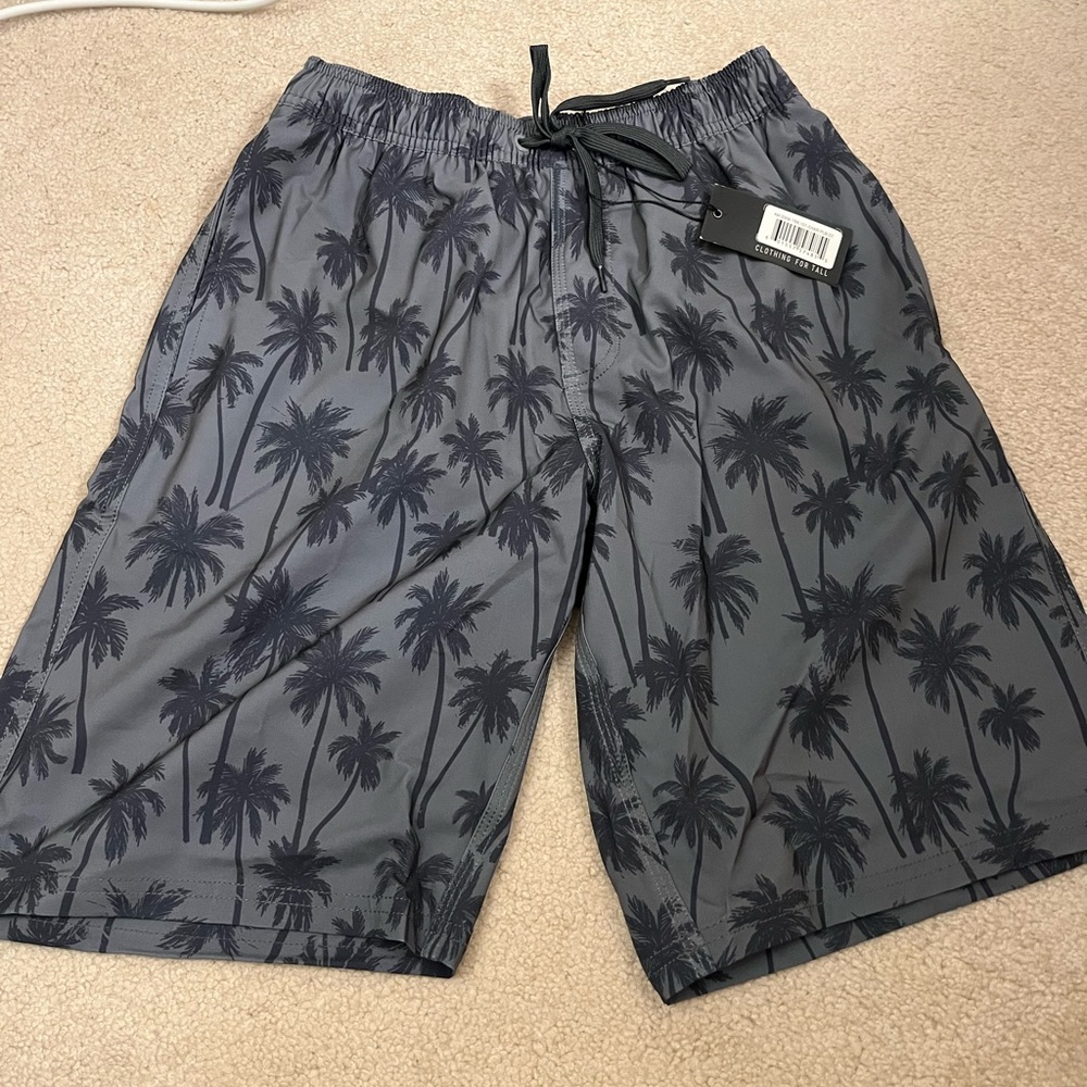 American Tall men’s tall swim trunks. Charcoal Palm